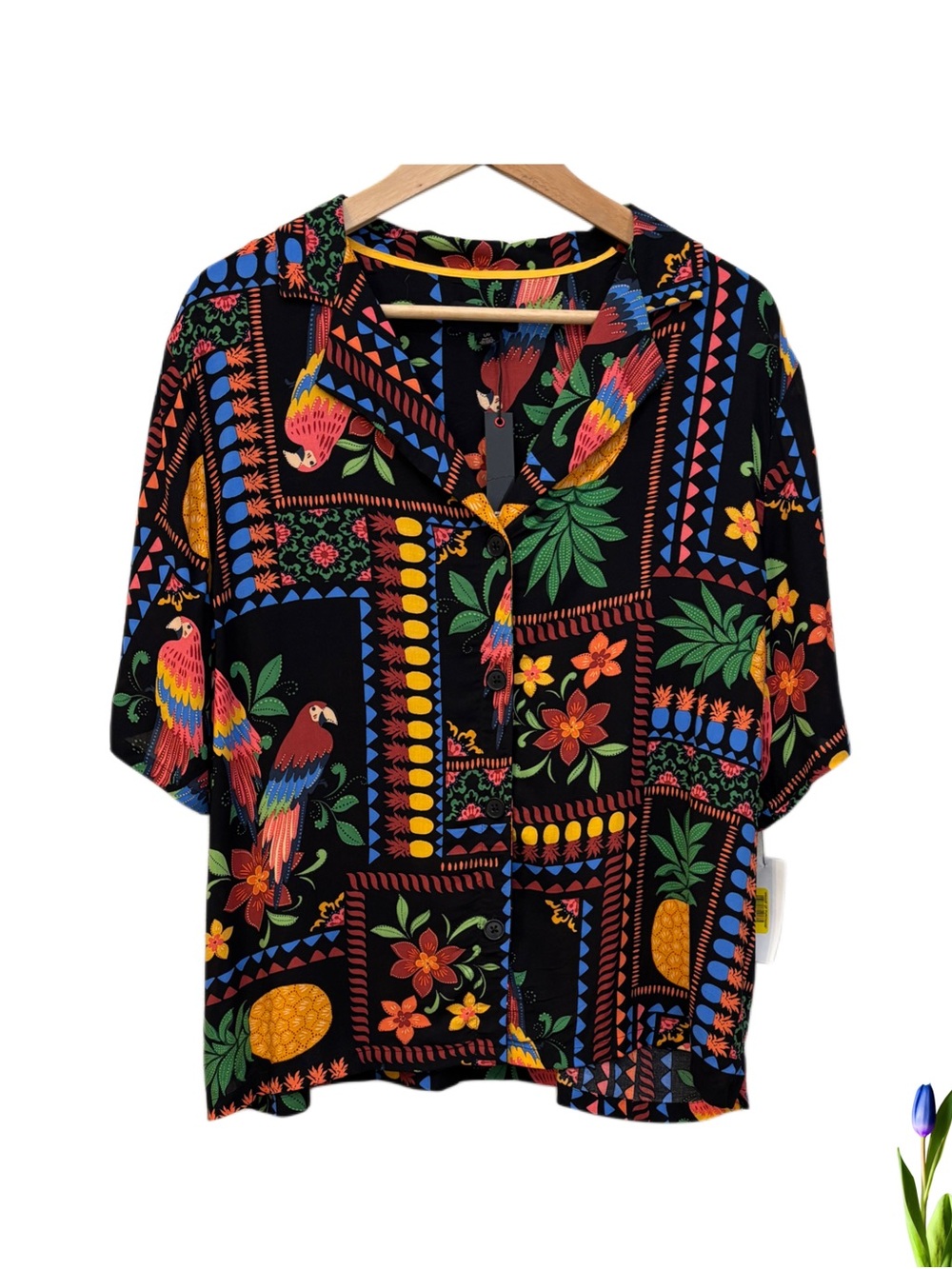 Tropical Parrot Print Button-Down Shirt - Black one Piece Pj Size Large